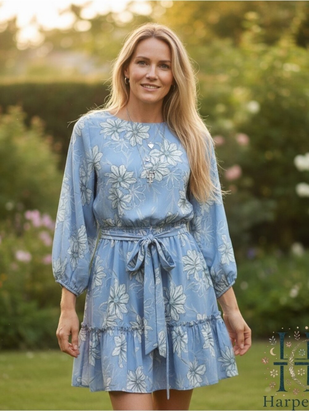 Flying Tomato Blue Floral Long Sleeve Tie Waist Ruffle Dress Size Small